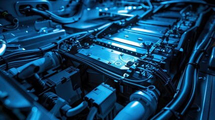 Wall Mural - A close up of a car engine with wires and tubes