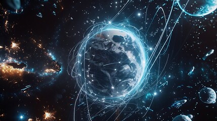 Abstract globe with bright blue lines and lights surrounding it against a black space background with stars.