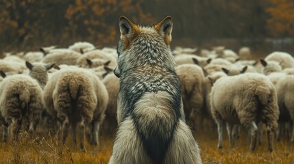 Wall Mural - back view of wild wolf in front of herd of livestock sheep