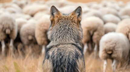 Wall Mural - Back view of wild wolf in front of herd of livestock sheep