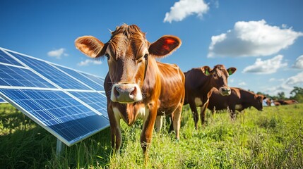 Sticker - Cows In The Field Next To Solar Panels. Concept Of Agrivoltaic Energy.