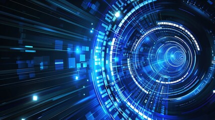 Futuristic digital technology background with blue glowing lines and circles.