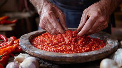 Hands Mixing a Bowl of Red Chili Paste