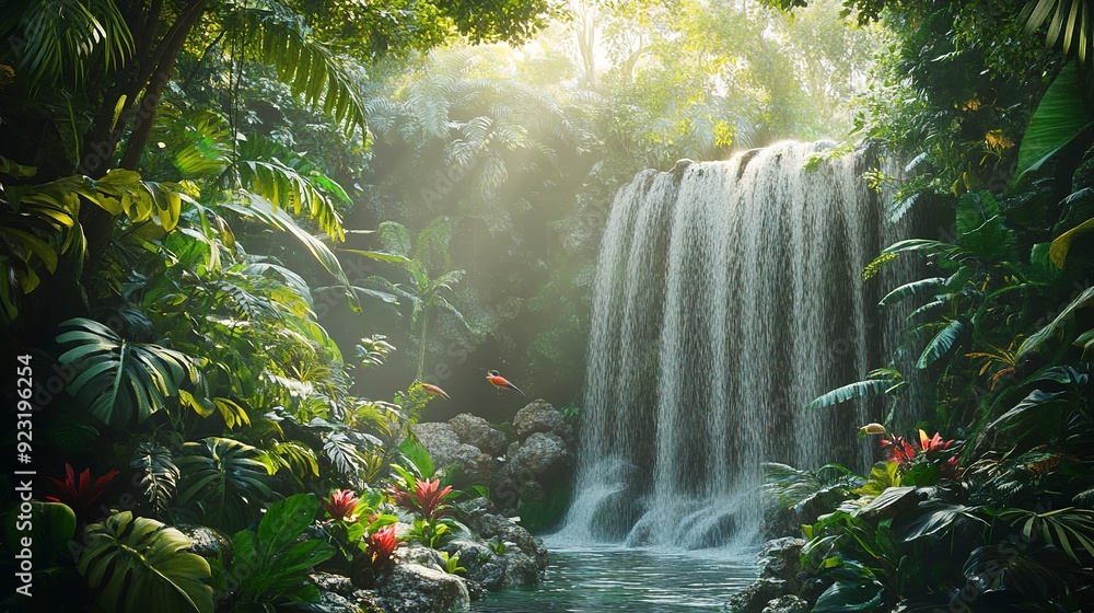 Picture of Lush tropical rainforest with cascading waterfalls, vibrant greenery ...