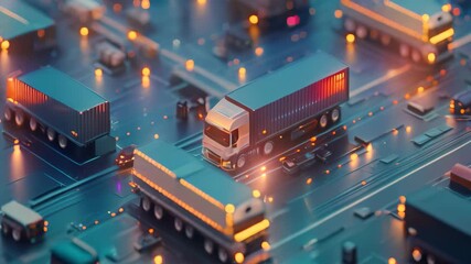 Wall Mural - Computer generated cityscape with trucks moving through streets, showcasing urban efficiency, Use geometric shapes to symbolize the efficiency and precision of AI-driven logistics software