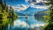 © AK2478 - Serene lake scene featuring a sailboat gliding across calm waters, surrounded by lush greenery and majestic mountains in the distant background.