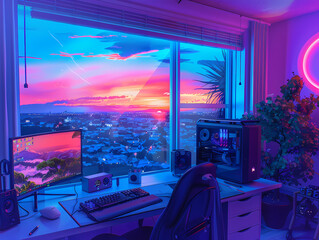 work desk with city views background illustration,beautiful lof animei background