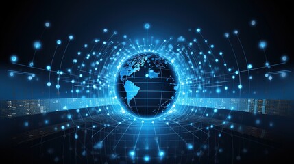 Global network connection with glowing blue lines and dots.