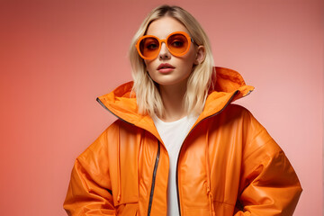 Canvas Print - A woman in an orange jacket and sunglasses