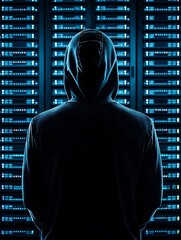 A hacker standing in front of a wall of servers, the face hidden by shadows and a hood, with the rest of the image offering generous copy space.