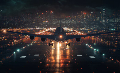 Airplane landing at night on a brightly lit runway with city lights in the background.