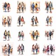 © Qstock - Watercolor Illustrations of Stylish Couples Shopping and Strolling in Urban Settings - Perfect for Fashion, Lifestyle, and Retail Advertising