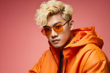 Wall Mural - A man in an orange jacket with sunglasses on