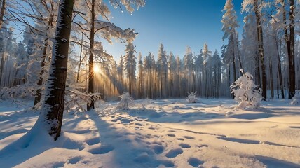 Landscape of forest in cold winter with sun in the sky, snowy view in a chill day