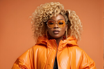 Wall Mural - A woman in an orange jacket with a yellow pair of sunglasses on