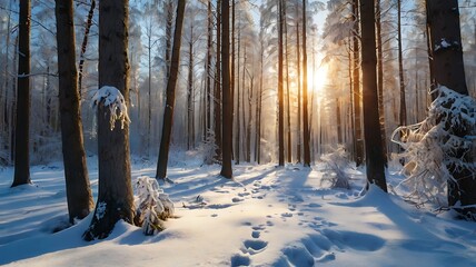 Landscape of forest in cold winter with sun in the sky, snowy view in a chill day