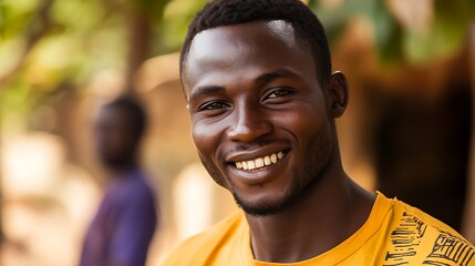 Wall Mural - A handsome Sierra-Leonean . Sierra-Leone. A cheerful young man in a vibrant yellow shirt smiles warmly, set against a blurred outdoor background of greenery. . #motw