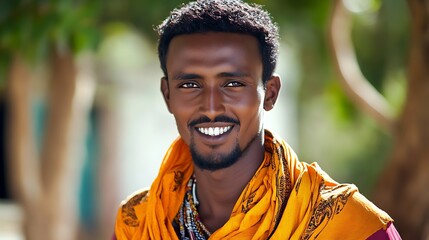 Wall Mural - A handsome Somali man. Somalia. A smiling young man wearing a bright orange shawl stands outdoors, surrounded by nature, exuding warmth and confidence. . #motw