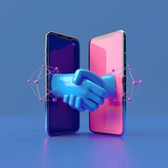 Wall Mural - Smart digital contract with 3d shapes. Handshake coming out of two mobile phones isolated on blue background. Vector 3d illustration