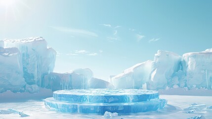 Wall Mural - A blue ice sculpture of a stage with a blue sky in the background