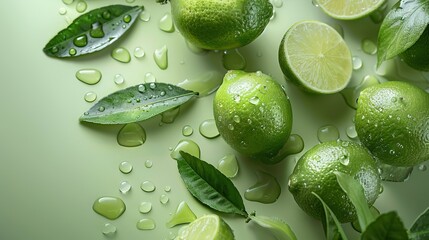 Fresh limes and leaves with water droplets on a vibrant green background, perfect for food and beverage advertising and healthy living promotions. copy space for text.