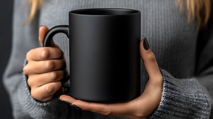 black matte mug for mockups. mockups. A stylish individual holds a matte black mug in a cozy gray sweater, exuding warmth and comfort. 