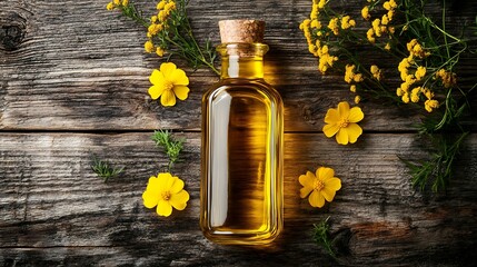 canola oil. . A glass bottle filled with golden oil is surrounded by vibrant yellow flowers and green herbs on a rustic wooden surface.