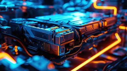 Poster - A close up of a car engine with wires and cables