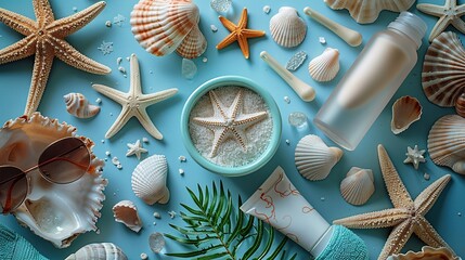 summer vacation essentials flat lay beach holiday items including sunscreen seashells starfish stylish sunglasses childrens green sand bucket with tools,a cozy towel on a blue backgound.