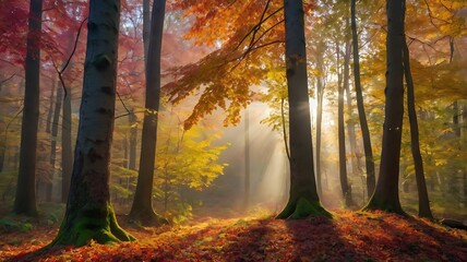 Wall Mural - Autumn landscape view of orange and red colored forest full of trees, morning sunlight in fall