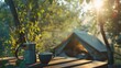 © G.Go - A small campfire with a tent and a cup of coffee on a table