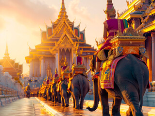 Majestic elephants in traditional attire at grand palace