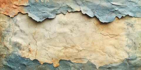 Distressed paper texture with a worn look and faded colors, rough patches, and natural wear, subtle creases visible