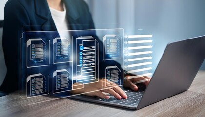 woman working on laptop with digital documents on screen, working on a project involving data manage
