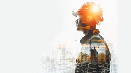 Wall Mural - A man in a hard hat stands in front of a city skyline