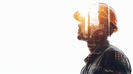 Poster - A man in a hard hat stands in front of a city skyline