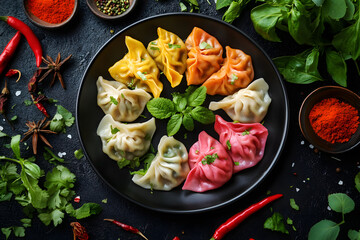 Wall Mural - Top view Colorful steamed dumplings on a black plate 