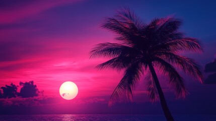 Wall Mural - Sunset Paradise: Palm Tree Silhouette against Vibrant Sky