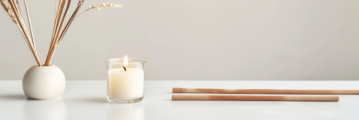 Sticker - The calming glow of a candle alongside chalk sticks on a light surface evokes a sense of simplicity and peaceful contemplation.