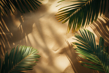 Wall Mural - A summer background of beach sand with shadows cast by palm leaves, viewed from above,