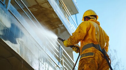 Wall Mural - A construction worker using a high-pressure washer to clean the exterior of a building.