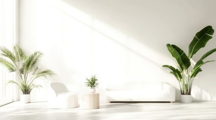 Sunlight pours into a minimalist space filled with vibrant plants, inviting tranquility and a breath of fresh air to the serene indoor ambiance