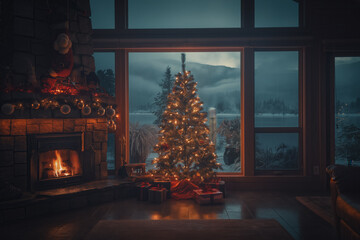 Canvas Print - Christmas tree and fireplace