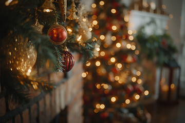 Canvas Print - Christmas tree with fireplace behind