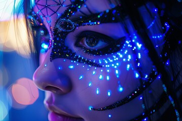 A close-up of a woman adorned with glowing blue face paint and intricate, sparkling decorations during a vibrant nighttime celebration. Generative AI