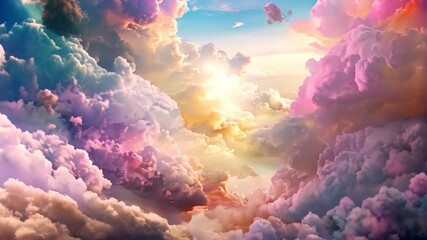 Poster - A sky dominated by vibrant colors, with numerous clouds scattered across the horizon, Virtual landscapes populated with colorful digital clouds