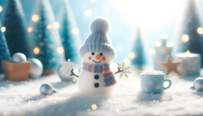 Canvas Print - A cute snowman with a winter background