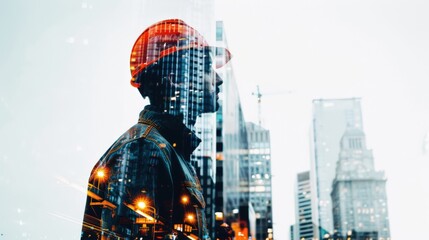 Wall Mural - A man in a hard hat stands in front of a city skyline