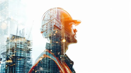 Wall Mural - A man in a hard hat stands in front of a building