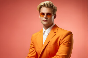 Wall Mural - A man in an orange suit and sunglasses is posing for a photo